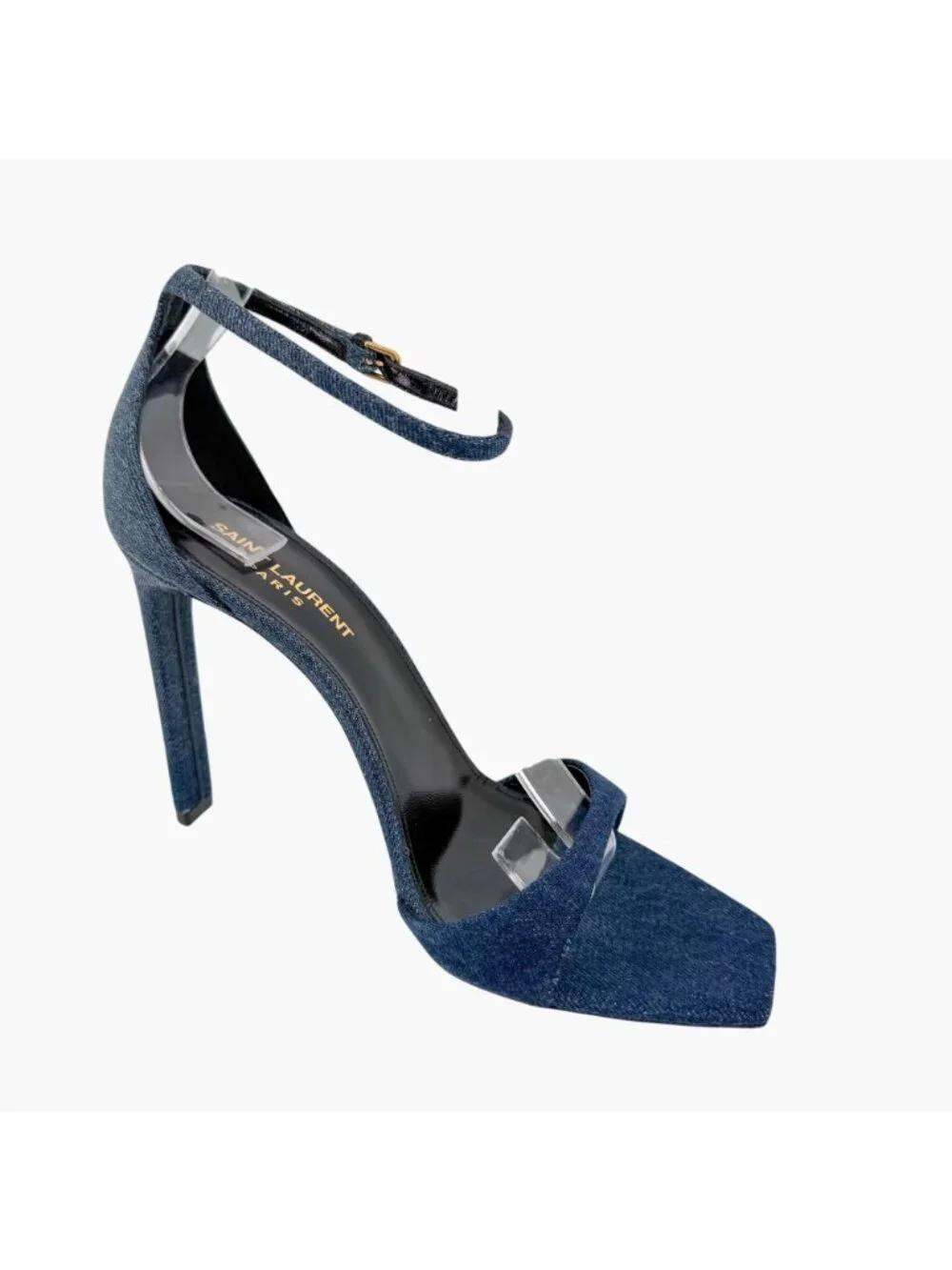 Saint Laurent Bea 105 Denim Sandals Heels Size 39 US 9 Blue Jean Ankle Strap